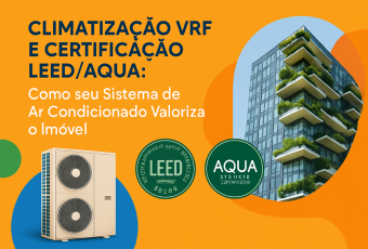 Projeto arquitetônico de um edifício moderno com selo de certificação de sustentabilidade, tendo ao fundo o skyline de São Paulo, ilustrando o valor da climatização VRF em projetos certificados
