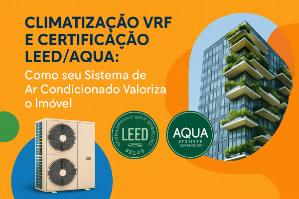 Projeto arquitetônico de um edifício moderno com selo de certificação de sustentabilidade, tendo ao fundo o skyline de São Paulo, ilustrando o valor da climatização VRF em projetos certificados